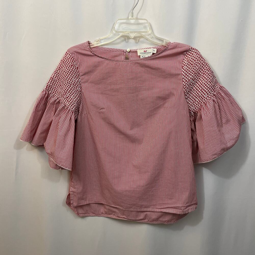 Vineyard Vines Red Striped Short Bell Sleeve Smocked Detail Top XS Made in Italy